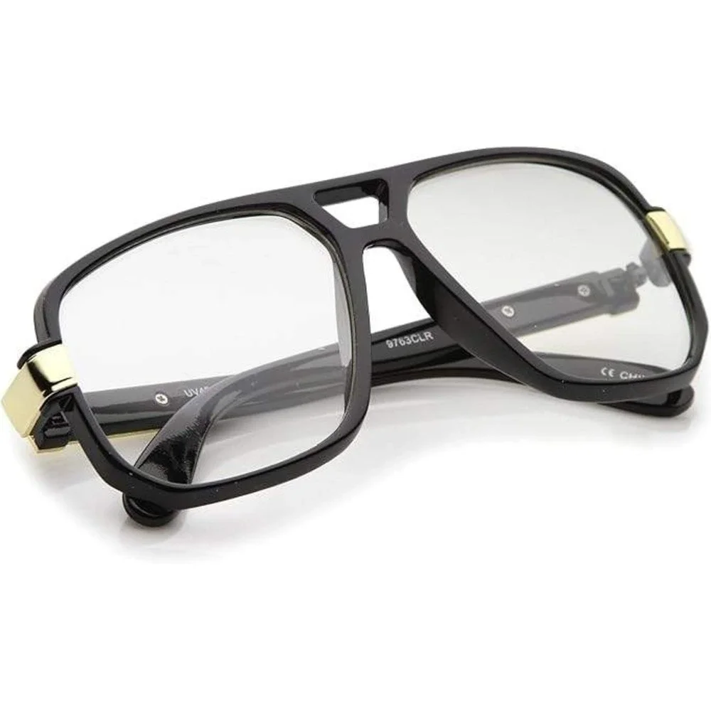 Oversized Aviator Glasses Black Frame Gold Accent Clear Lenses Women Eyewear New